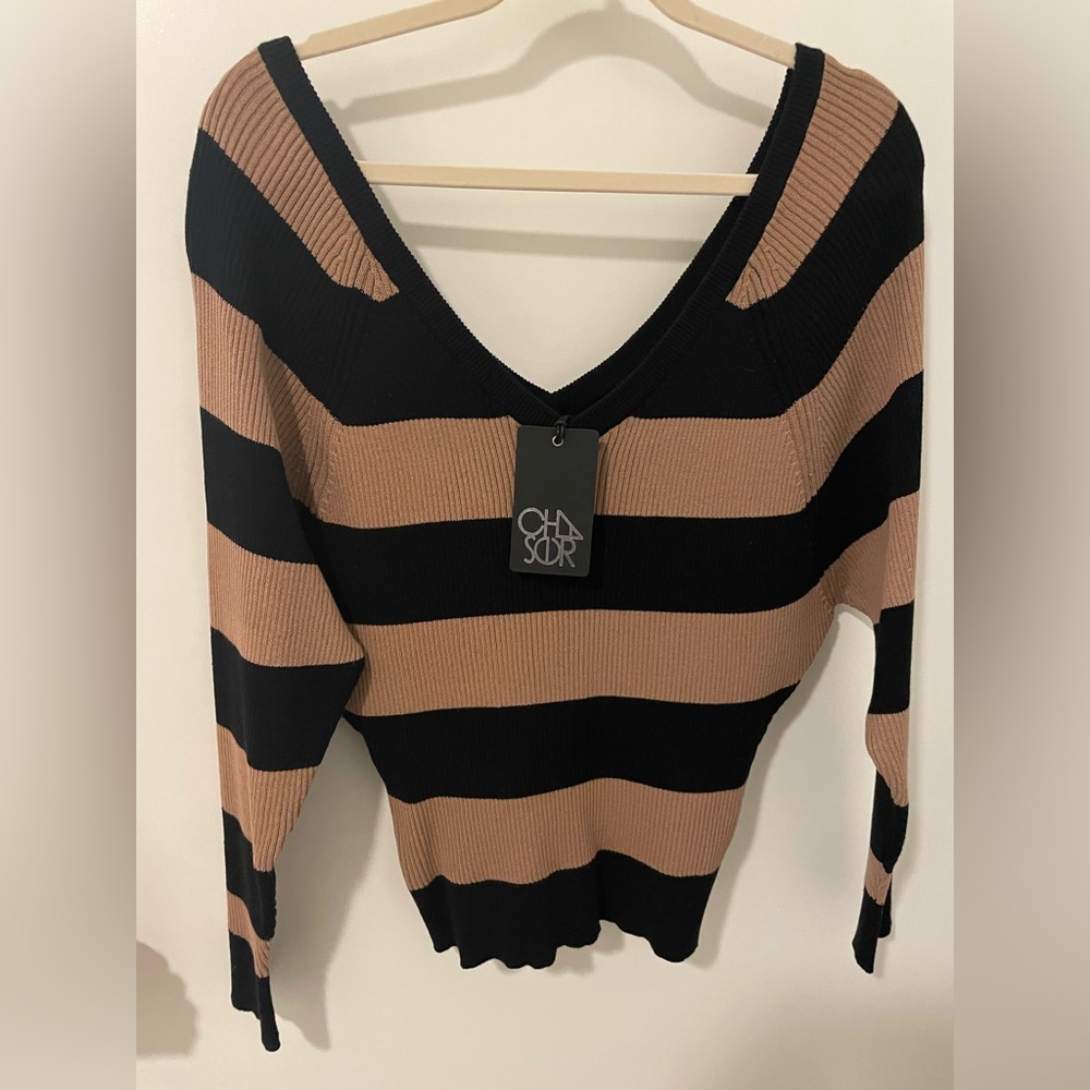 Chaser V-Neck Sweater in Black and Tan Stripes